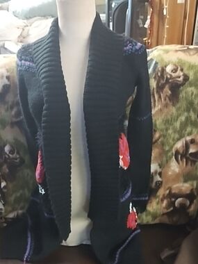 Vera Wang Black Open-Front Women's Cardigan Sweater with Red Floral Details
